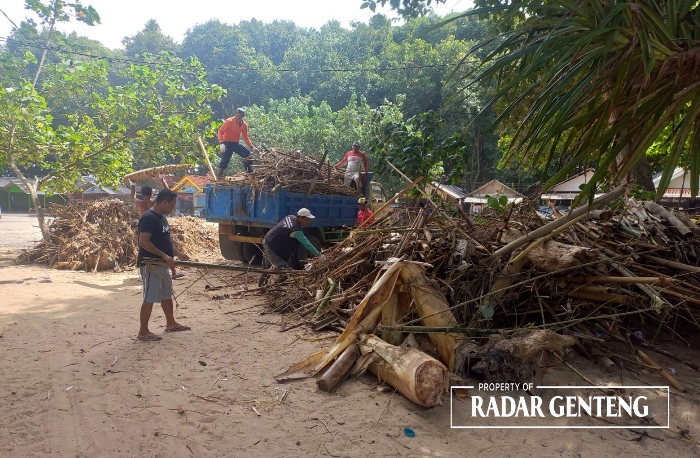 ANGKUT: Sampah yang berserakan di Pantai Pulau Merah di diangkut truk dan dibawa ke UPS Dusun Pancer, Desa Sumberagung, Kecamatan Pesanggaran Selasa (15/1).
