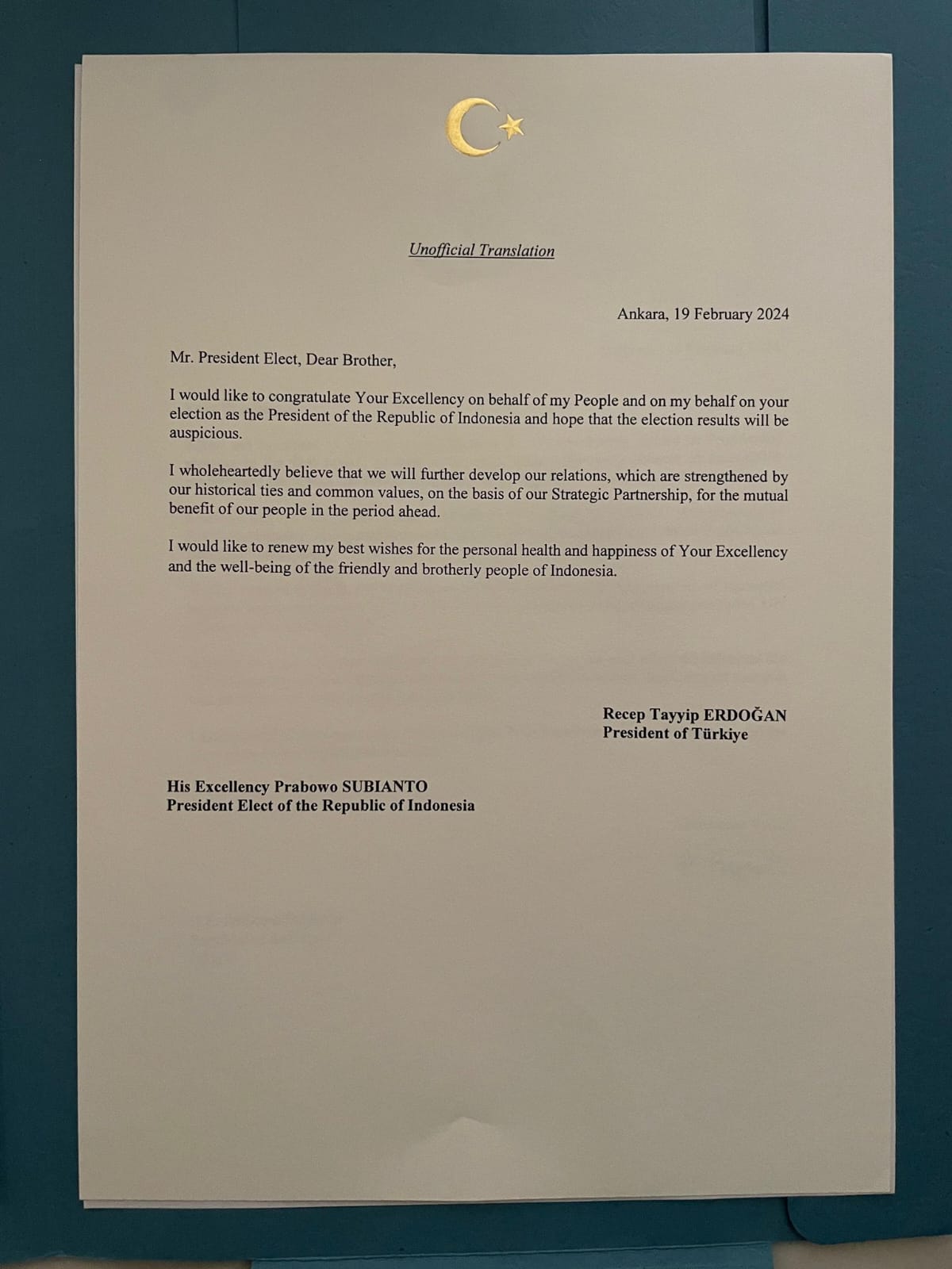 SURAT PRESIDEN: Inilah surat dari Presiden Turki Recep Tayyip Erdogan kepada Prabowo Subianto