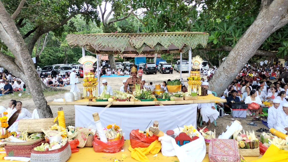 PENYUCIAN DIRI: Umat Hindu menggelar upacara Melasti di Pantai Trianggulasi, Kawasan TN AP, Desa Kalipait, Kecamatan Tegaldlimo Kamis (7/3).