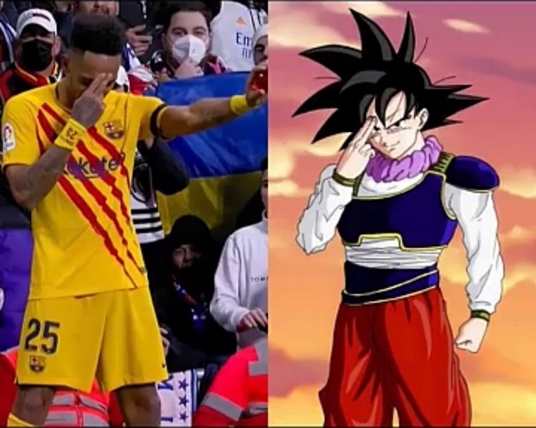 Aubameyang menirukan teknik Instant Transmission ala Son Goku karakter utama di serial Dragon Ball.