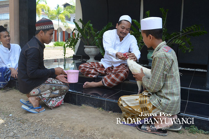 Dok. Radar Banyuwangi  AKRAB: Gus Makki bersama santri saat merawat hewan peliharaan ayam, beberapa waktu lalu.