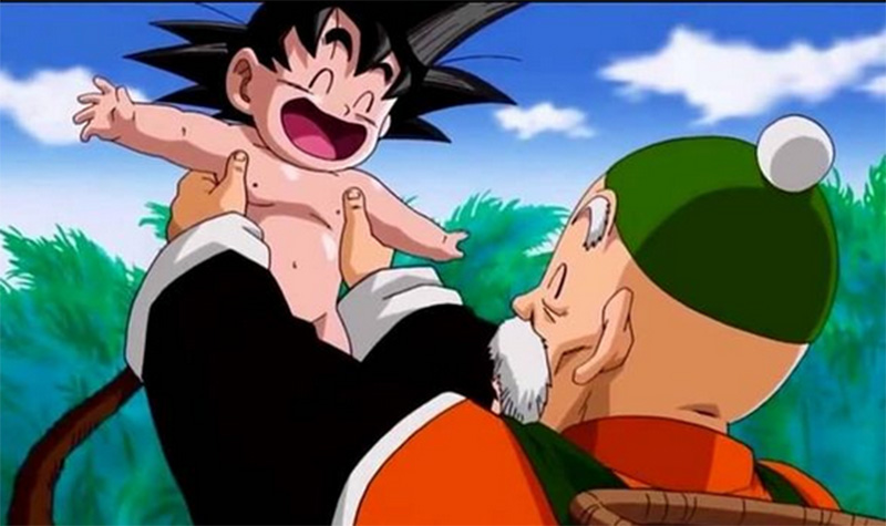 UNIK SEJAK KECIL: Son Goku dalam gendongan kakek angkatnya Son Gohan
