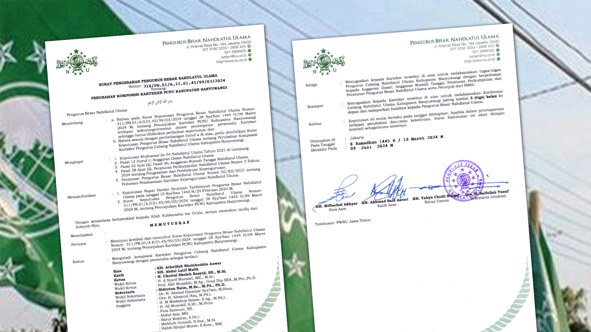 SK baru PBNU nomor 316/PB.01/A.II.01.45/99/03/2024 tentang perubahan susunan pengurus karteker PCNU Banyuwangi.