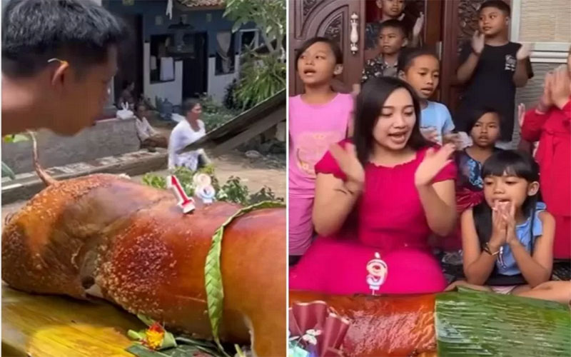 VIRAL: Perayaan ulang tahun dengan sugughan babi guling sebagai pengganti kue tart