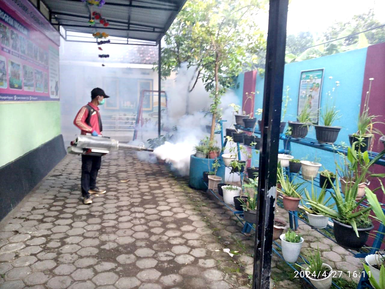 DIASAP: Petugas Puskesmas Gitik, Kecamatan Rogojampi melakukan fogging di perkampungan Dusun Maduran, Desa/Kecamatan Rogojampi Rabu (1/5)