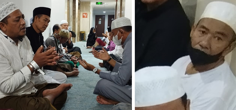 Puluhan jamaah haji melakukan doa bersama untuk alm Muhammad Ruslan R Hasan Cokro (kiri). Foto dokumentasi almarhum saat mengikuti Istighozah Kamis malam (13/6/24).