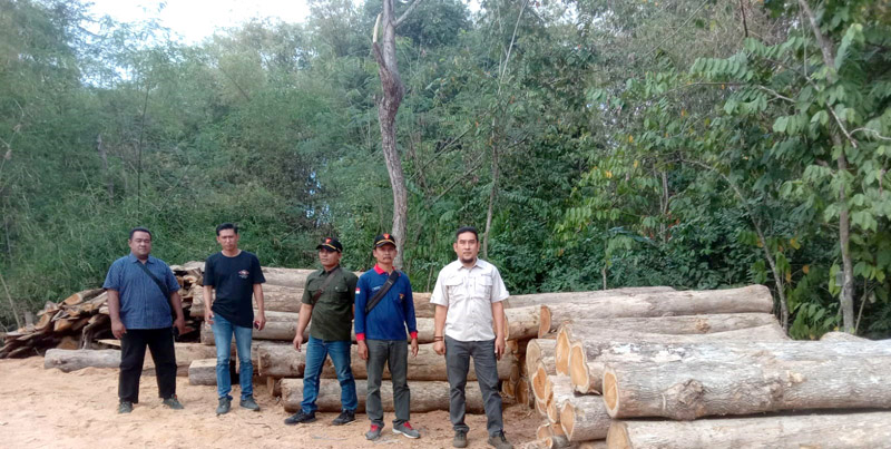 KAYU ILLEGAL: Polhutmob Perhutani&nbsp;KPH Banyuwangi Selatan&nbsp;bersama anggota Polsek Purwoharjo saat menemukan 86 gelondong kayu jati di lahan kosong tepi sungai Desa Sumberasri, Kecamatan Purwoharjo