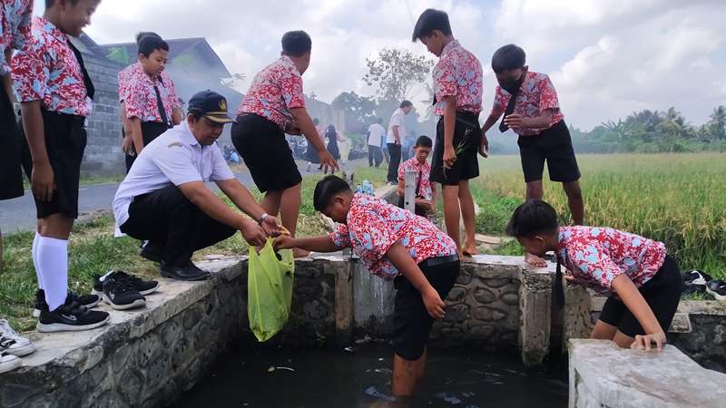 TURUN LANGSUNG: Para siswa dari sejumlah SD di Desa Kebondalem, Kecamatan Bangorejo mengikuti program Sekardadu di aliran BKS1 K1, Desa Kebondalem Selasa (9/10).