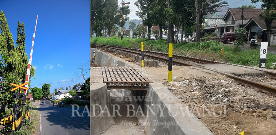 Perlintasan sebidang yang dilengkapi dengan palang pintu. (kiri) Perlintasan sebidang yang tidak dilengkapi palang pintu. (kanan)