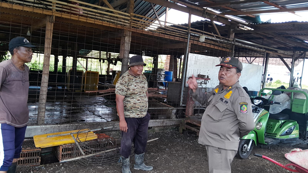 Petugas Satuan Polisi Pamong Praja (Satpol PP) bersama pekerja jagal ayam sedang meninjau lokasi usaha di Kelurahan Kertosari, Banyuwangi, Senin (21/10).