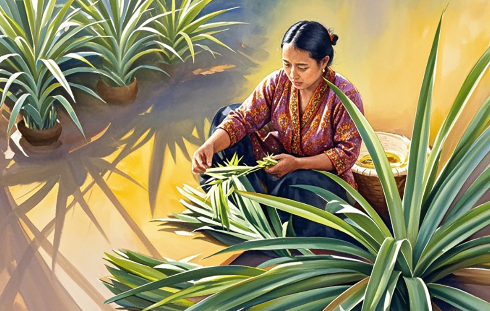 PEWARNA ALAMI: Perempuan memotong daun pandan menjadi potongan kecil untuk pewarna dan pengharum makanan.