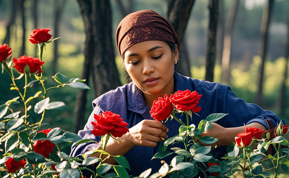 RED ROSE: Perempuan memetik bunga mawar merah di kebun.