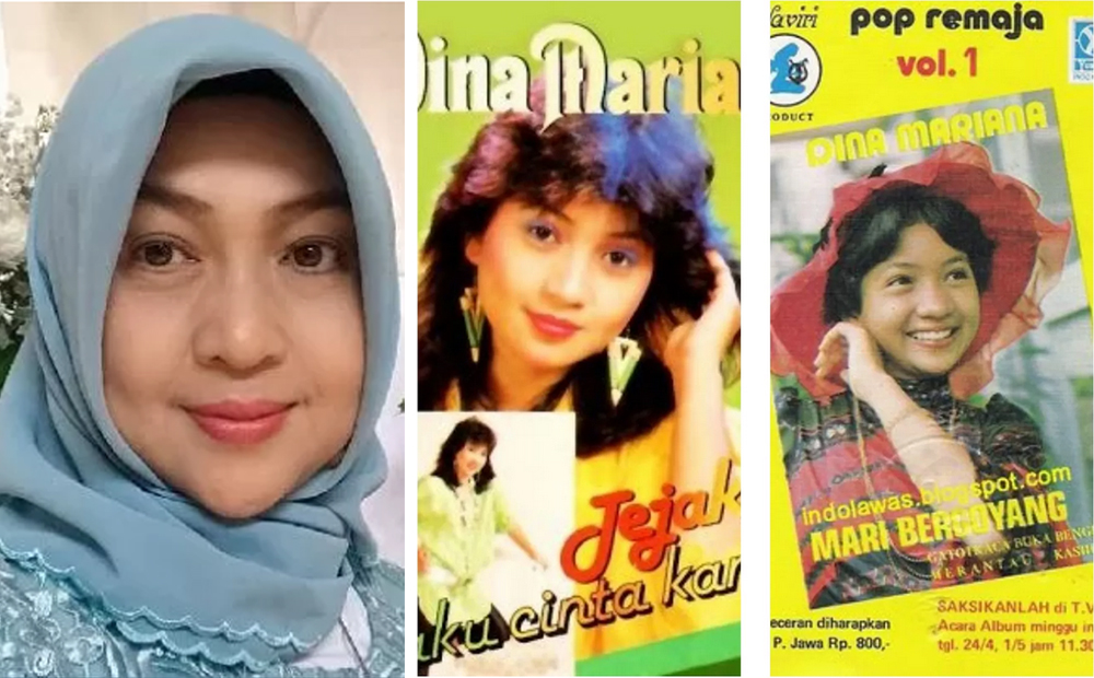 Dina Mariana dan sampul kasetnya saat jadi penyanyi cilik dan remaja. (Instagram)