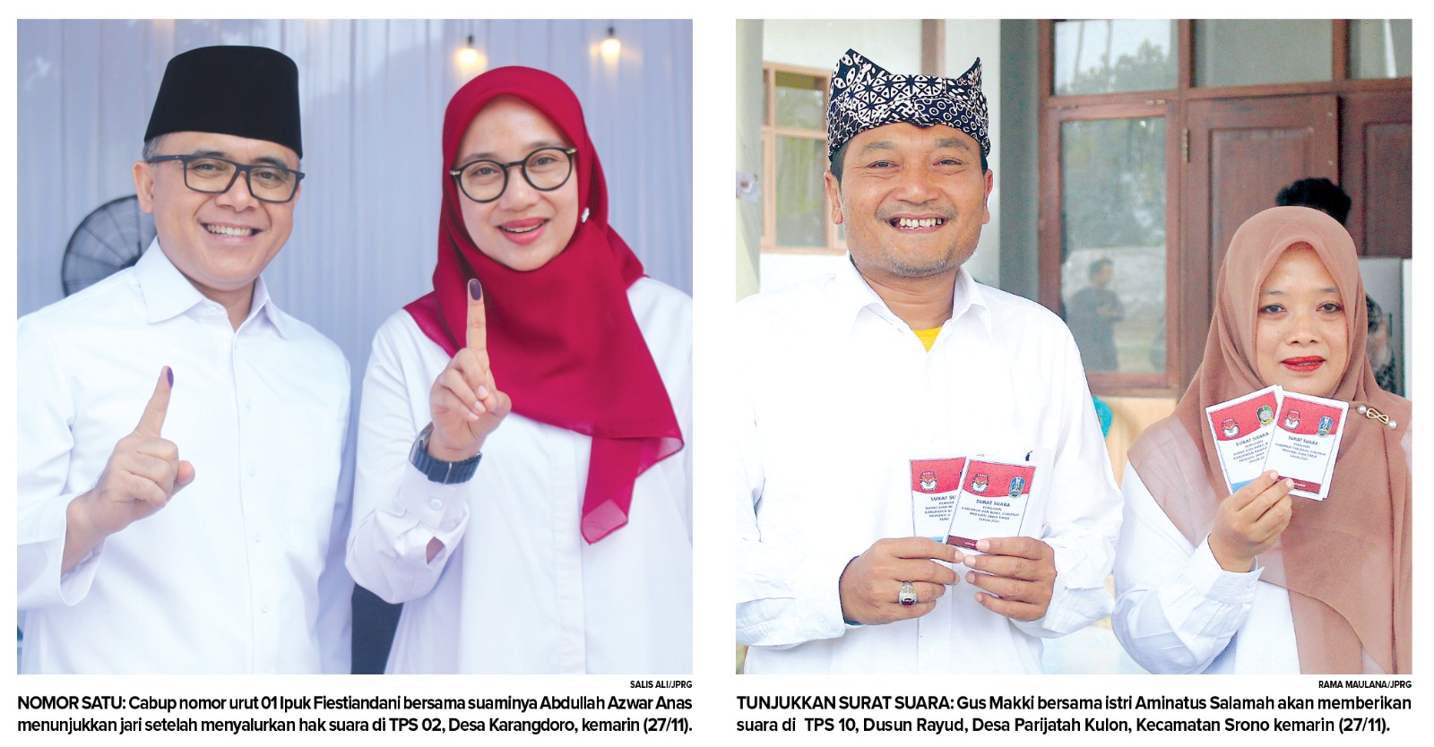 Cabup Ipuk Fiestiandani didampingi sang suami (foto kiri) dan Cabup Ali Makki menyalurkan hak pilih pada Pilkada 2024