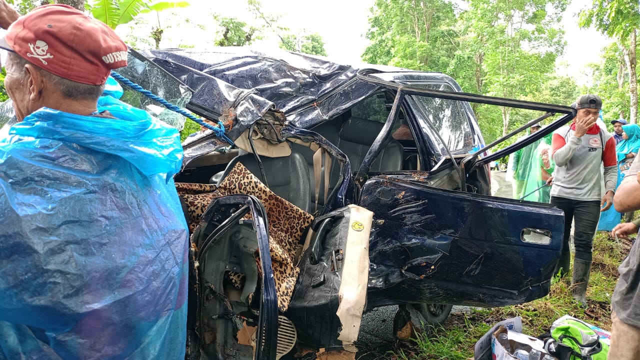 Mobil Panther yang ditumpangi korban ringsek usai tabrak pohon di Jalan Gunung Ijen, Kecamatan Licin, Banyuwangi.