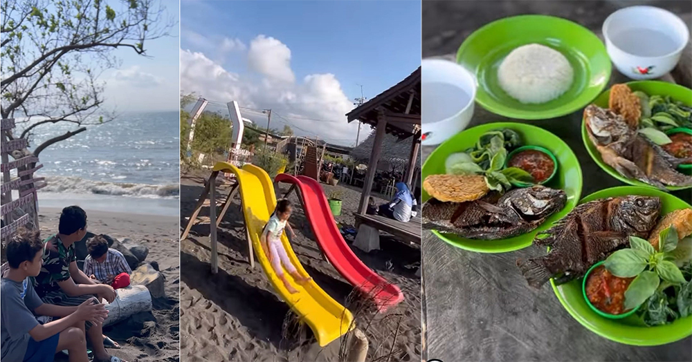 Pemandangan Selat Bali di Pantai Wonosari, Kelurahan Sobo, Banyuwangi. Wisata ini dilengkapi wahana bermain anak-anak dan beragam menu kuliner lalapan ikan nila.