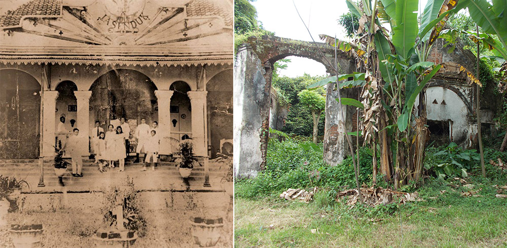 Foto lama yang menggambarkan rumah keluarga Jacob Senduk yang megah di masa lalu (kiri). Kondisi puing bekas rumah keluarga Jacob Senduk di Desa Kelir, Kecamatan Kali
