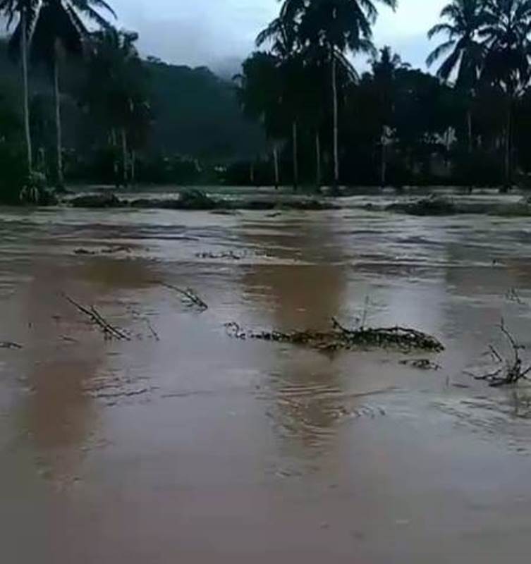 BANJIR: Gethek yang dibuat penyeberangan warga Dusun Sukamade, Desa Sarongan, Kecamatan Pesanggaran tidak bisa jalan karena aliran sungai meluap Senin (9/12).
