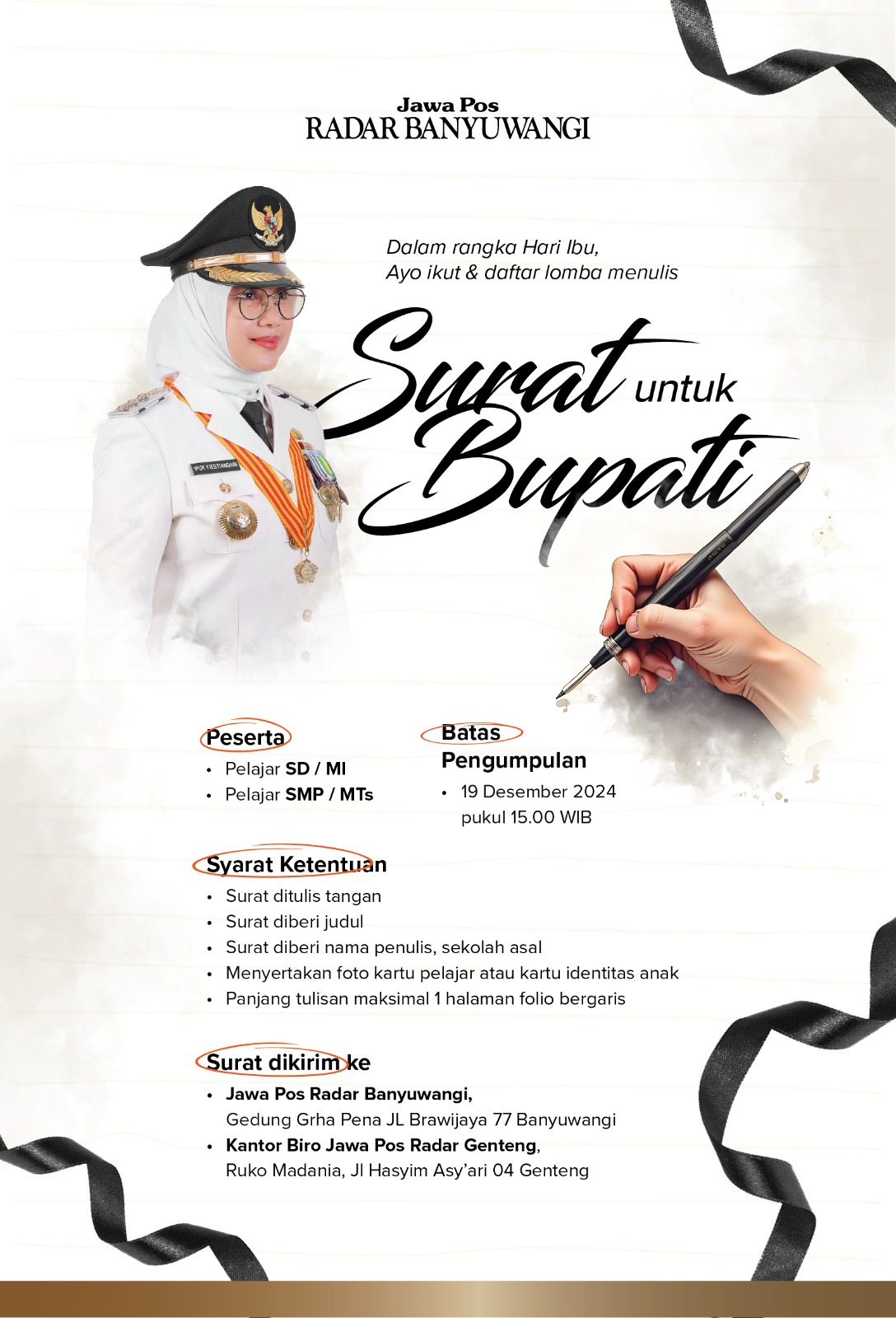 Jawa Pos Radar Banyuwangi menggelar lomba menulis Surat untuk Bupati yang bisa diikuti pelajar SD/MI dan SMP/MTs.