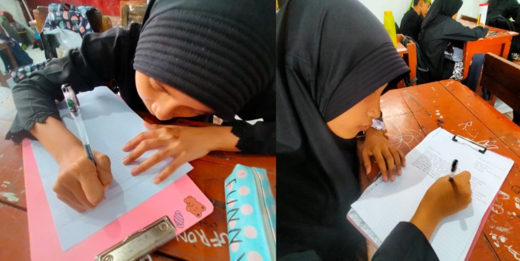 LITERASI: SIswi menulis surat untuk bupati di SDN 1 Lateng Banyuwangi Kamis 12 Desember 2024.