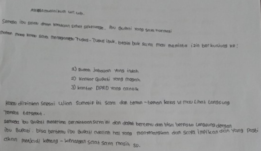 TULIS TANGAN: Surat yang ditulis Talita, siswi SDN 1 Rejosari kepada Bupati Banyuwangi Ipuk Fiestandani.