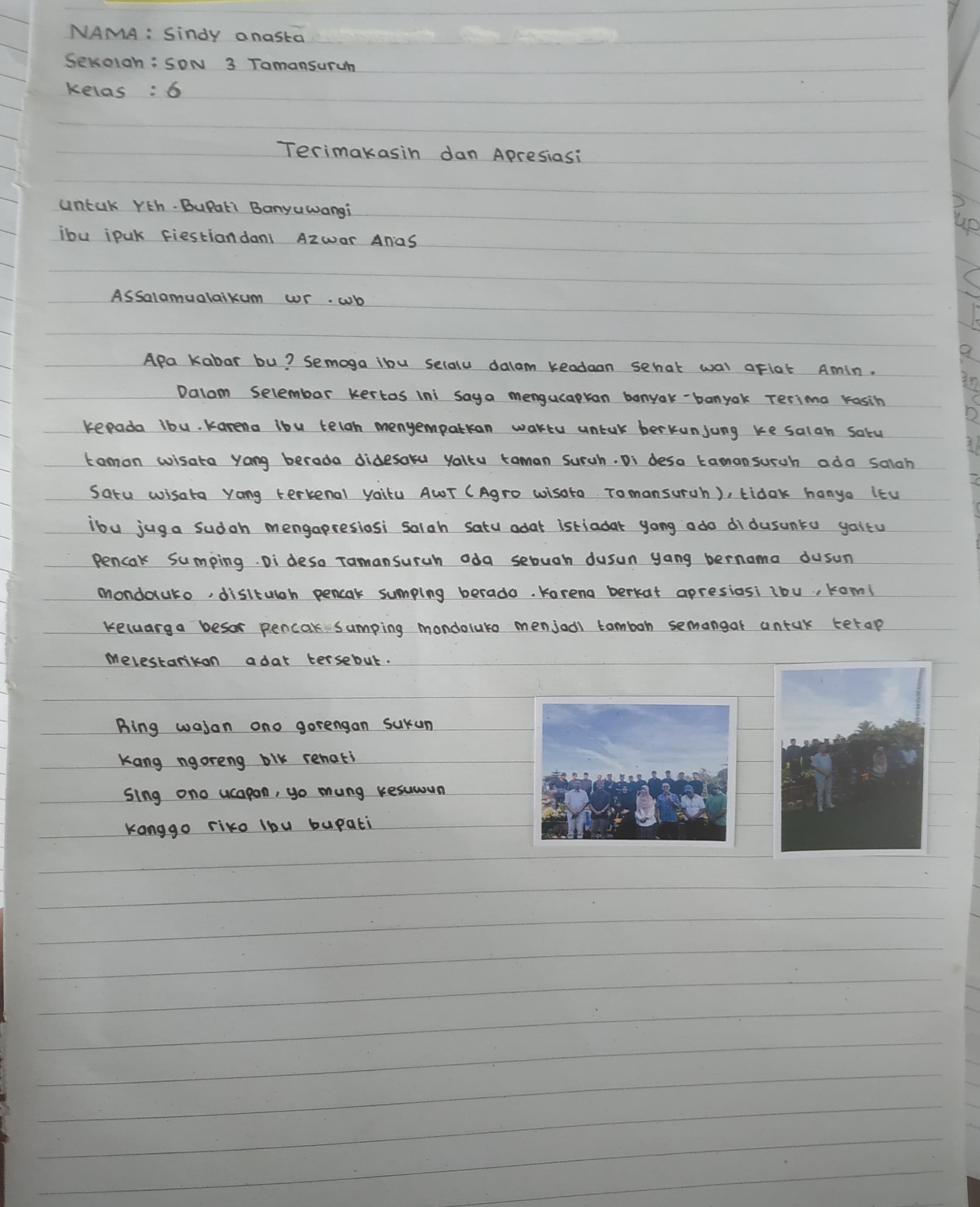 Surat yang ditulis Sindy Anasta, siswi SDN 3 Tamansuruh untuk Bupati Ipuk Fiestiandani.