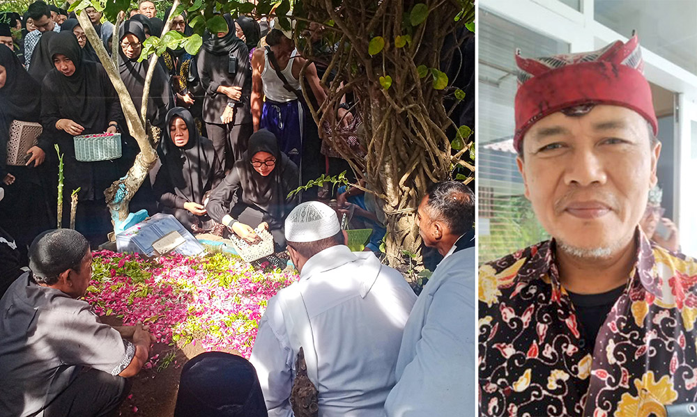 Bupati Ipuk Fiestiandani didampingi Kepala Dinsos-PPKB Henik Setyorini menaburkan bunga di pusara Arief Setiawan di TPU Baluk, Kebalenan, Kamis (9/1). Kanan: Arief Setiawan semasa masih hidup.