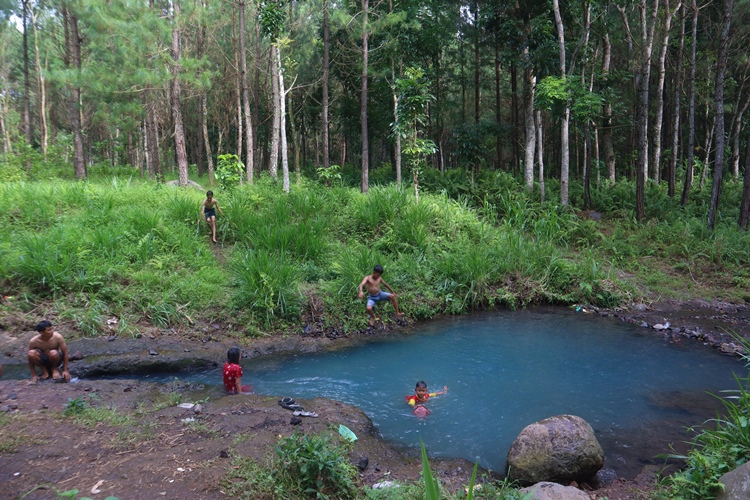 SEJUK: Wisatawan mandi di Kedung Biru tengah hutan pinus masuk RPH Purwodadi, Perhutani KPH Banyuwangi Barat, Desa Temuguruh, Kecamatan Sempu Senin (3/2)