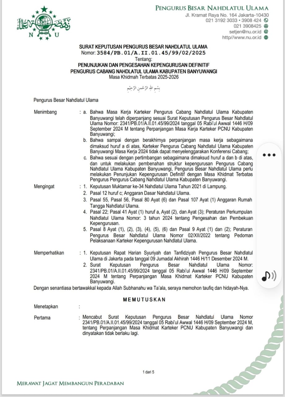 SK tentang pengurus definitif PCNU Banyuwangi
