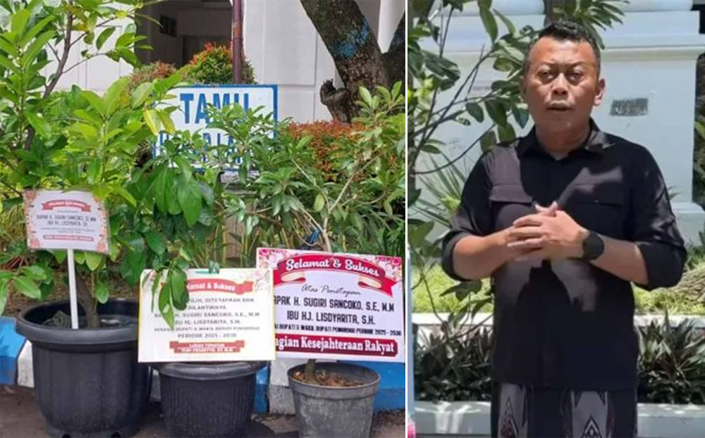 Bibit pohon ucapan selamat kepada Bupati Ponorogo terpilih Sugiri Sancoko (kanan) mulai berdatangan. (Ft: pdiperjuangan-jatim)