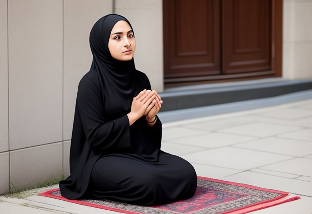 Ilustrasi muslimah sedang membaca niat puasa.
