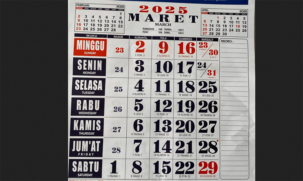 Ilustrasi kalender Bulan Maret 2025. Muhammadiyah menetapkan awal puasa jatuh pada tanggal 1 Maret. (Foto: Radar Kediri)
