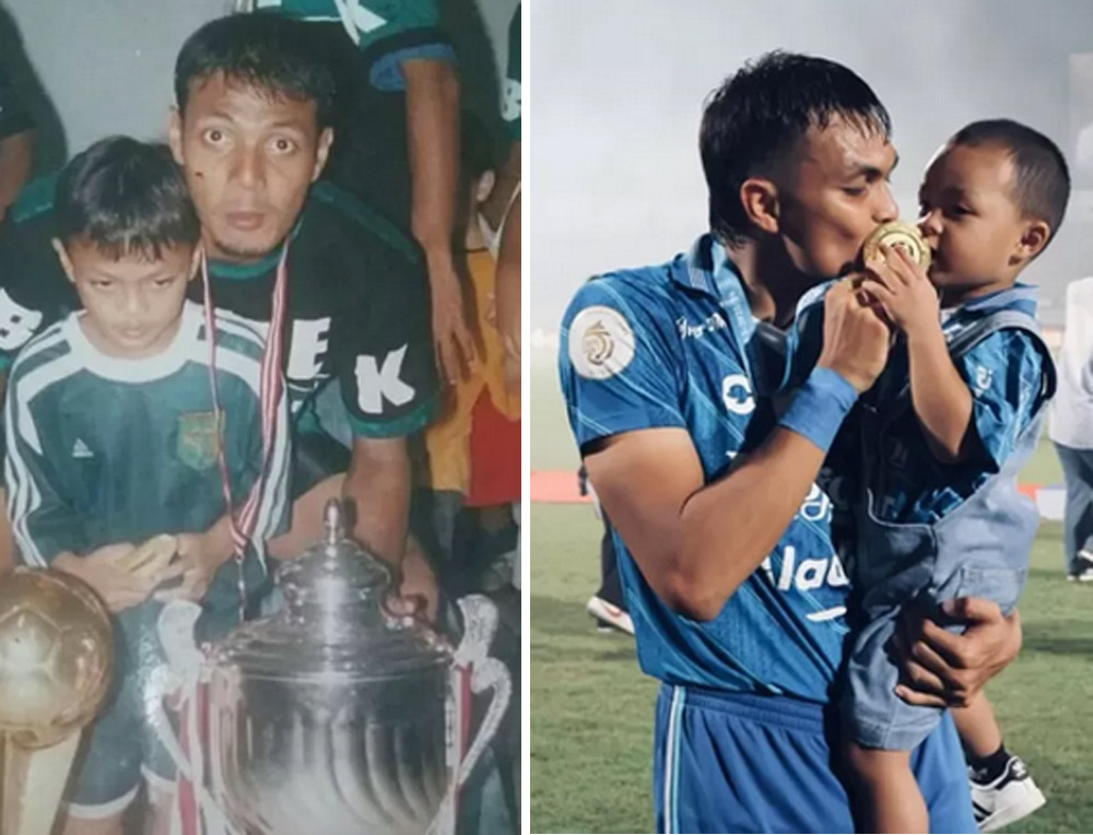 Foto Rachmat Irianto muda bersama mendiang sang ayah ketika juara bersama Persebaya. Rachmat Irianto bersama sang anak ketika juara bersama Persib Bandung (Dok. Rachmat Irianto)