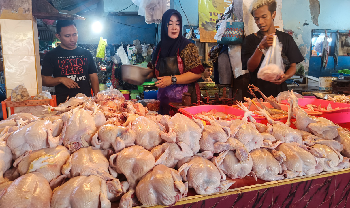 NAIK: Pedagang ayam potong di Pasar Genteng 1 Desa Genteng Kulon, Kecamatan Genteng melayani pembeli, Rabu (26/2).