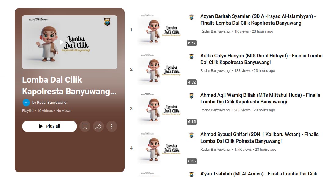 Peserta Lomba Dai Cilik Polresta Banyuwangi di kanal Youtube Radar Banyuwangi. (Tangkapan Layar)