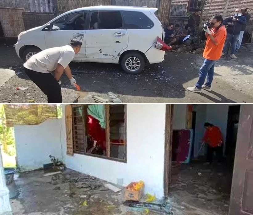 Kolase foto rumah dan mobil rusak gara-gara balon udara bermuatan mercon jatuh di Gandong Tulungagung. (Foto: Radar Bojonegoro)
