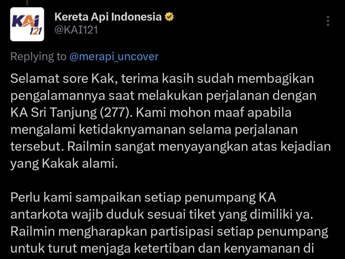 KAI minta maaf atas insiden intimidasi penumpang di KA Sri Tanjung relasi Ketapang&ndash;Lempuyangan. Penelusuran dan evaluasi tengah dilakukan.