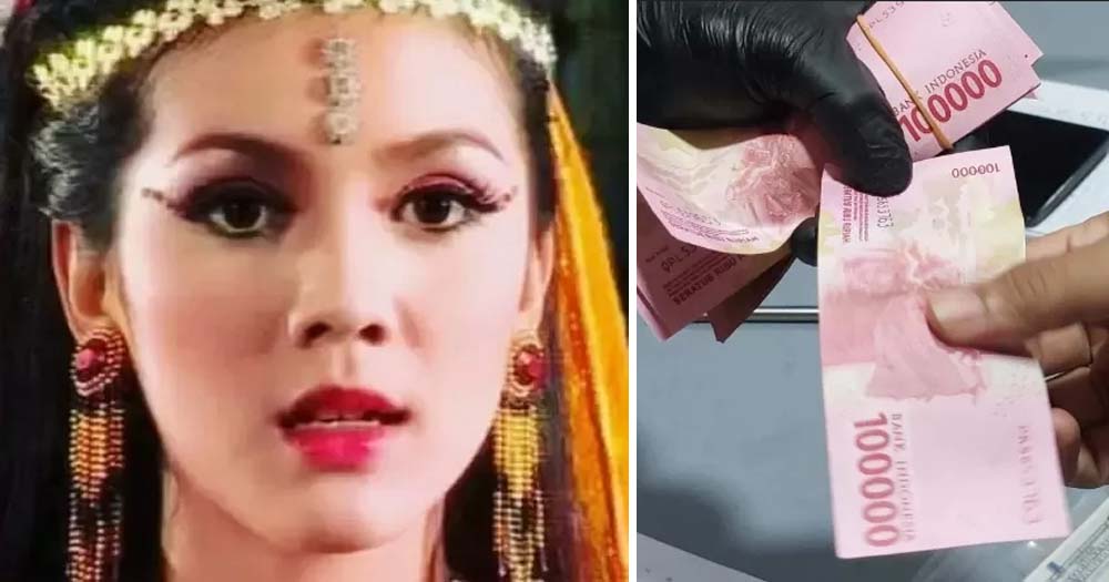 Artis film drama Angling Dharma, Sekar Arum Widara dan ilustrasi uang palsu. (Tangkapan Layar)