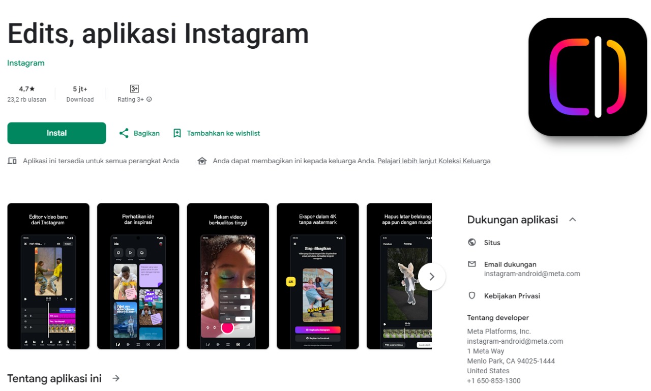 Aplikasi Edits yang dikembangkan Meta sudah digunakan 7 juta orang.