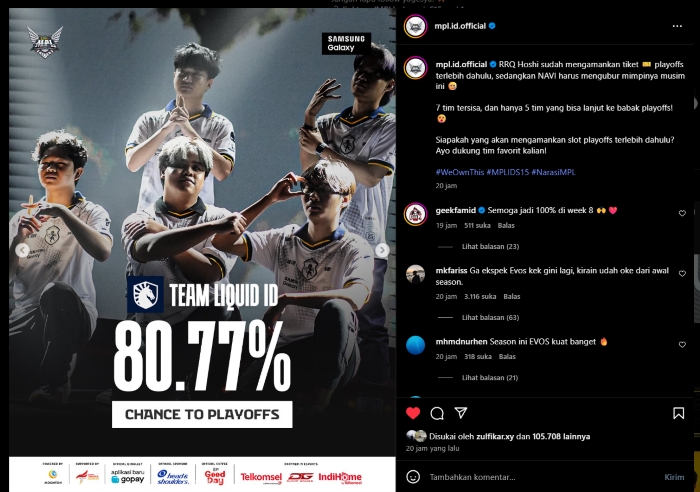 TILD berkesempatan lolos kebabak playoff MPL ID S15 sebesar 80,77% (Instargram/mpl.id.official)
