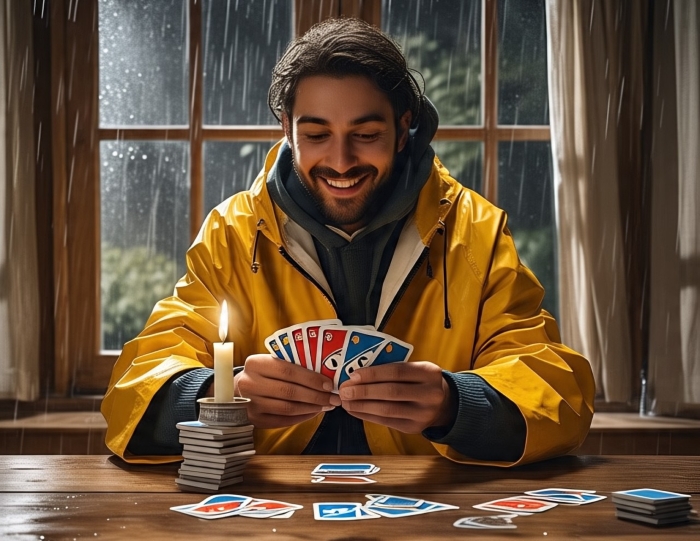 Bermain kartu saat hujan tiba.