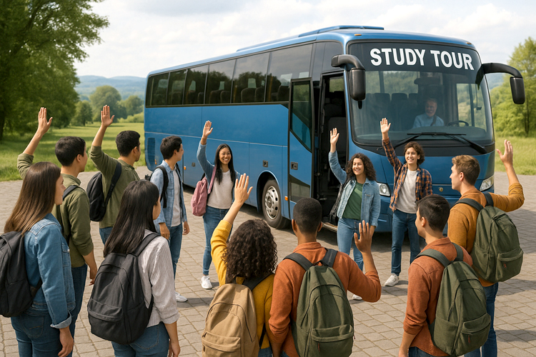 Ilustrasi perpisahan sekolah dengan study tour ke luar daerah. (AI)
