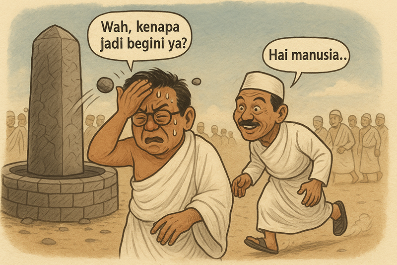 Ilustrasi lempar jumroh kena kepala sendiri. (AI)