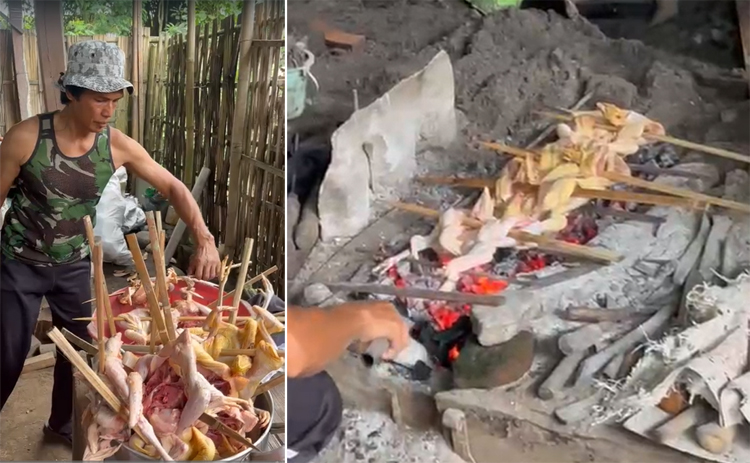 Warga Kemiren membakar ayam kampung sebelum diolah menjadi pecel pitik.