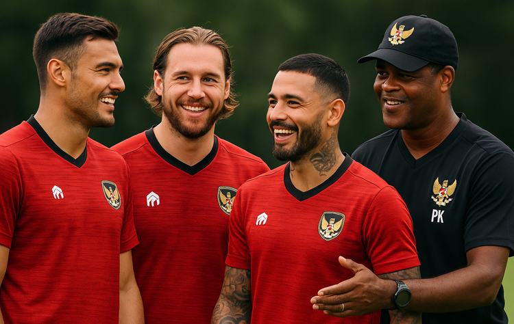 ILUSTRASI: Emil Audero, Thom Haye, dan Stefano Lilipaly bercengkrama usai berlatih bersama pelatih Patrick Kluivert.