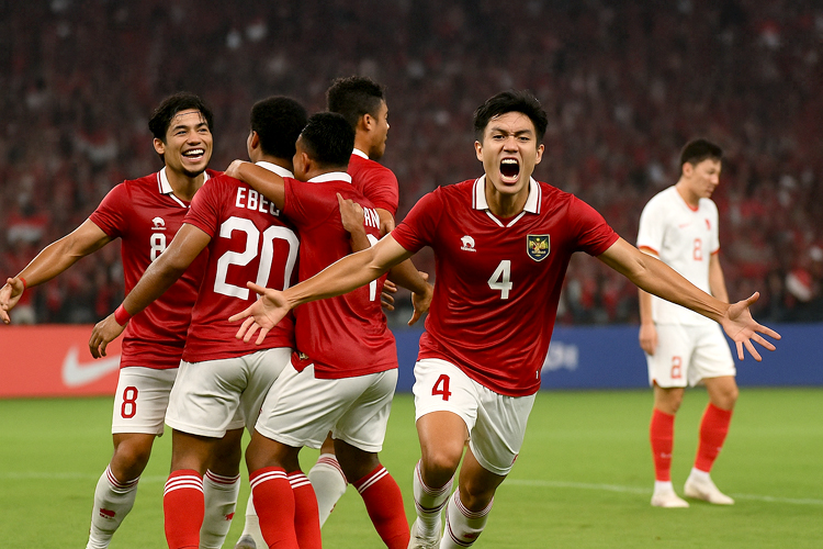 ILUSTRASI pemain Indonesia merayakan gol seandainya menang dari China pada Kamis malam (5/6) nanti.