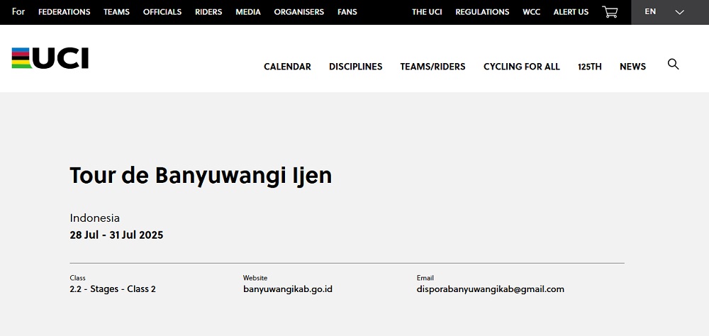 Tour de Banyuwangi Ijen 2025, masuk kalender resmi Union Cycliste Internationale (UCI) dalam kategori 2.2.