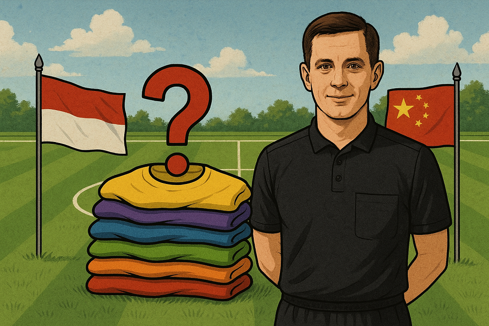 Ramalan keberuntungan Indonesia vs China Berdasarkan kalender Jawa, dilihat dari warna jersey wasit lapangan. Beda warna beda arti.