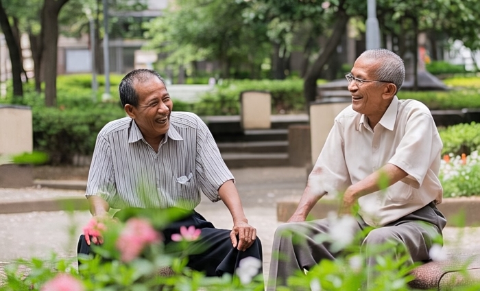 Seorang kakek bertemu teman lamanya sewaktu sekolah.