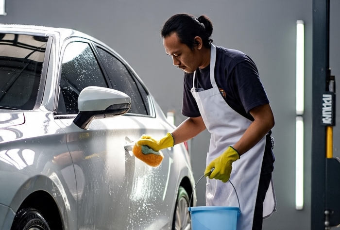 Seorang pria sedang mencuci mobil.